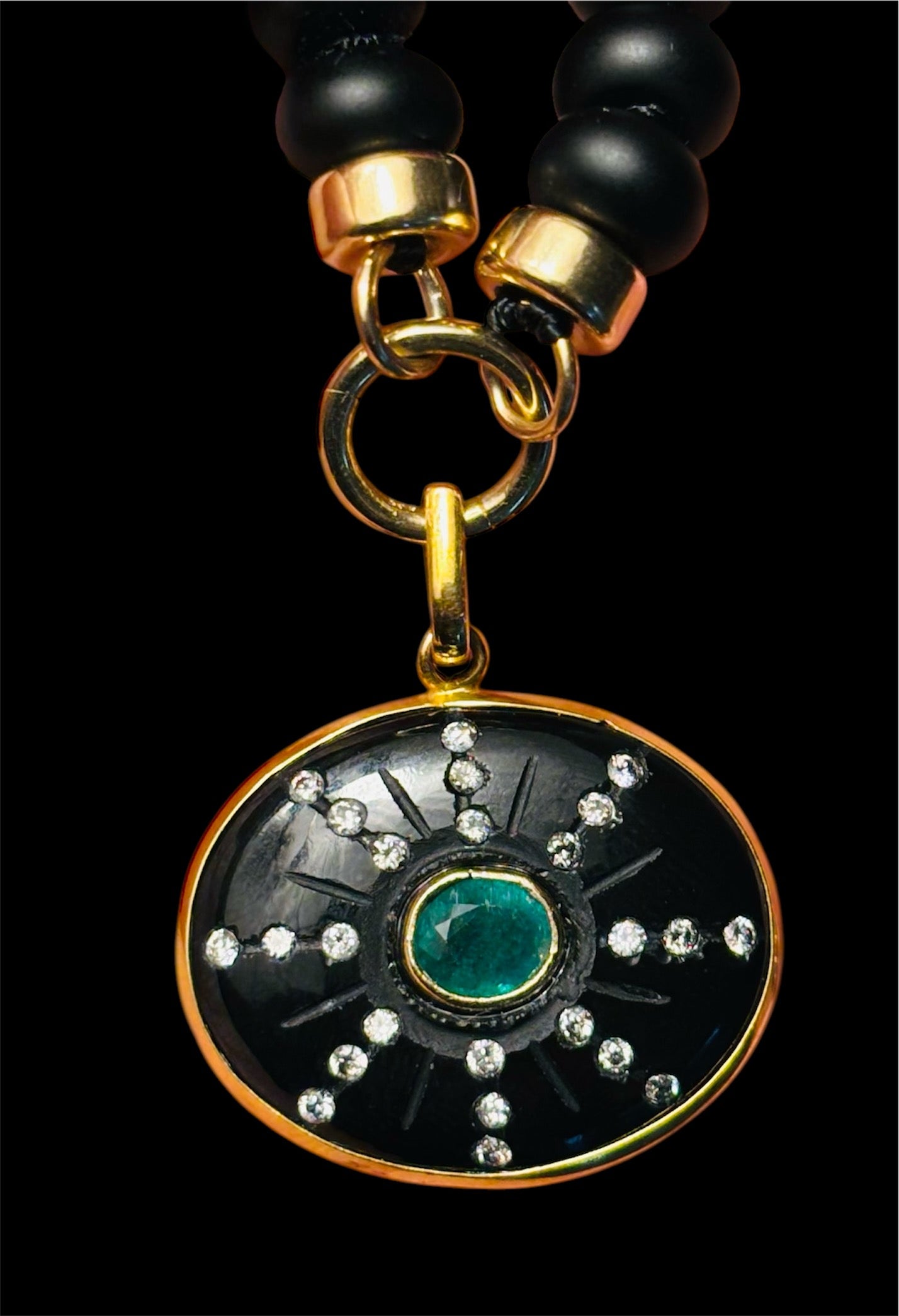 S O L Pendant, black onyx, emerald, diamonds