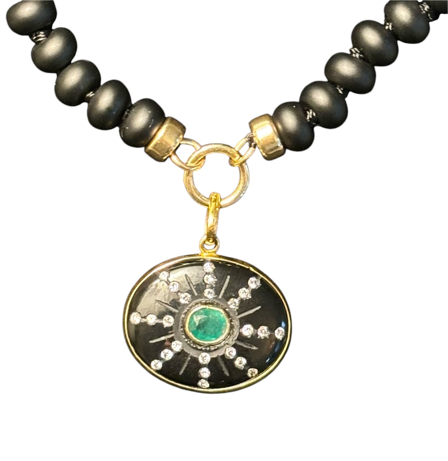 S O L Pendant, black onyx, emerald, diamonds