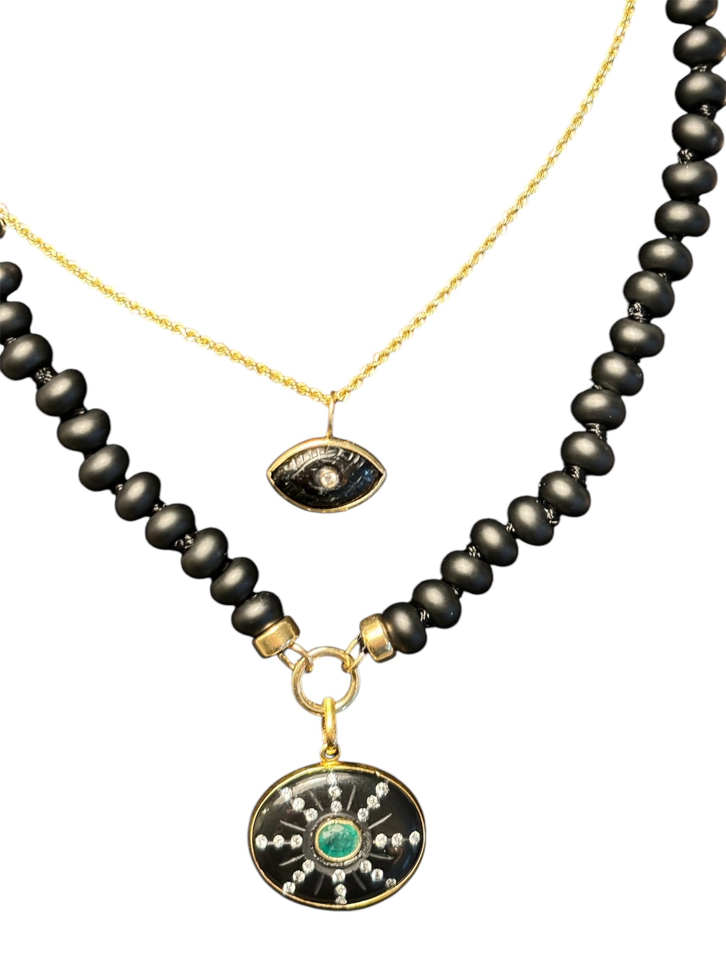 Evil Eye, double sided black tourmaline with diamond & emerald