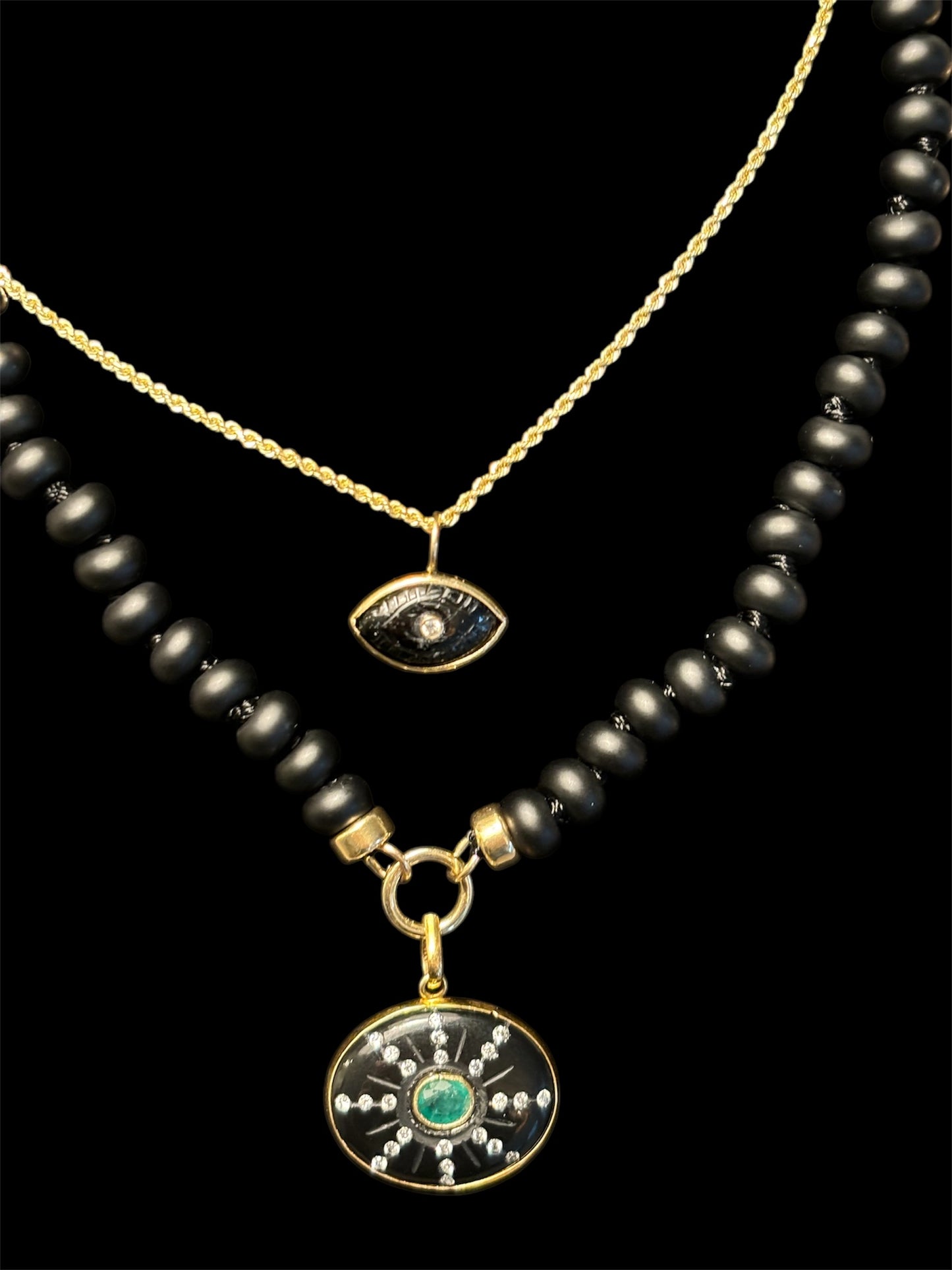 S O L Pendant, black onyx, emerald, diamonds