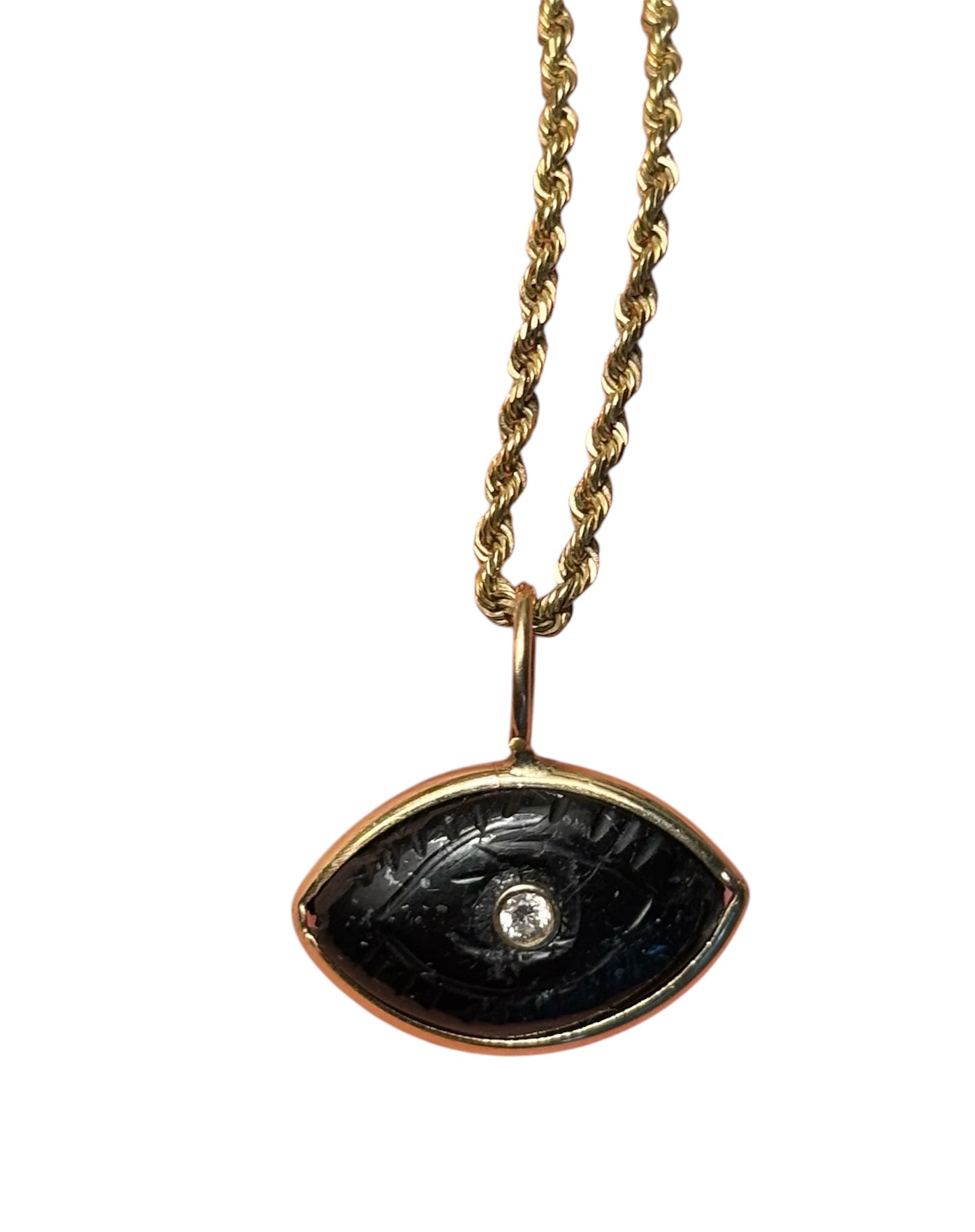 Evil Eye, double sided black tourmaline with diamond & emerald