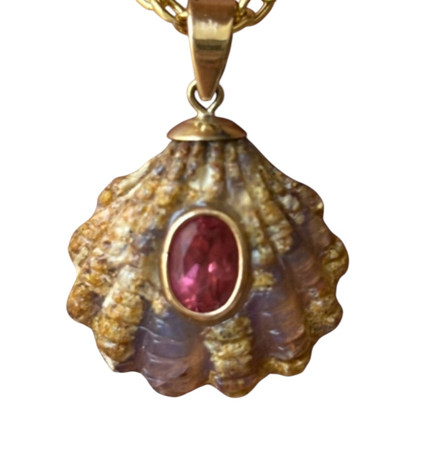 Australian Boulder Opal, carved shell with pink tourmaline