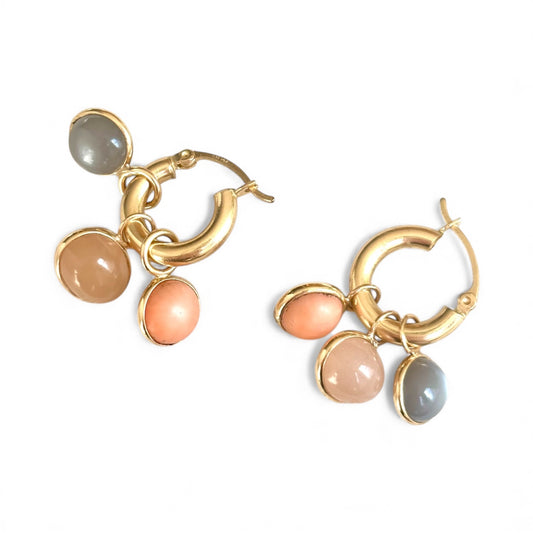 Hoop Charm Earrings with Moonstones and Coral