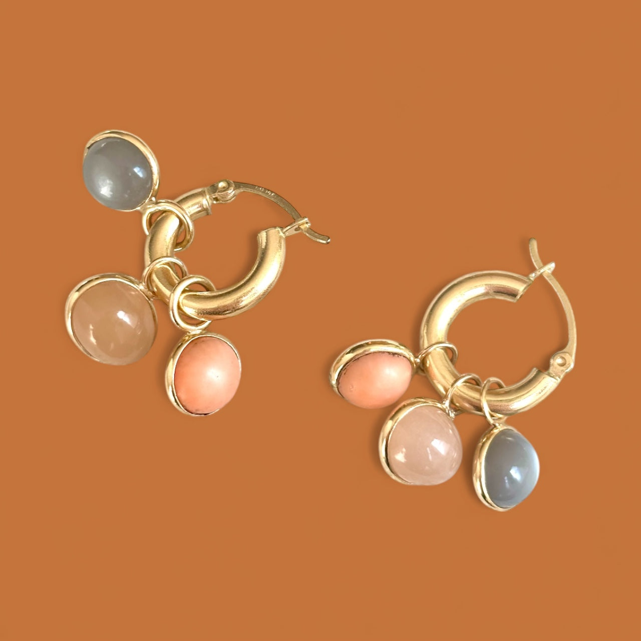 Hoop Charm Earrings with Moonstones and Coral