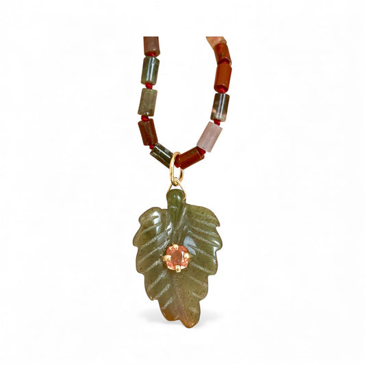 Indian Agate Leaf Pendant with Spinel