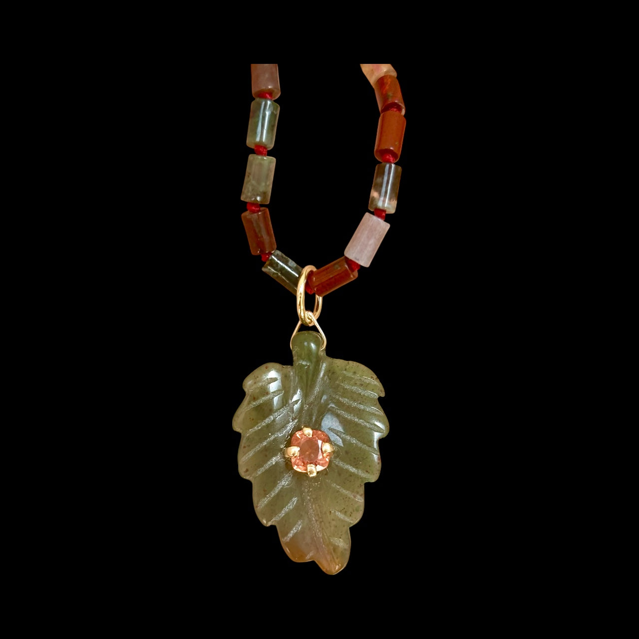 Indian Agate Leaf Pendant with Spinel