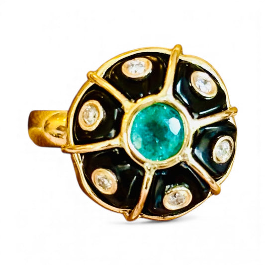 FLORA Ring: Black Onyx, Emerald & Diamonds