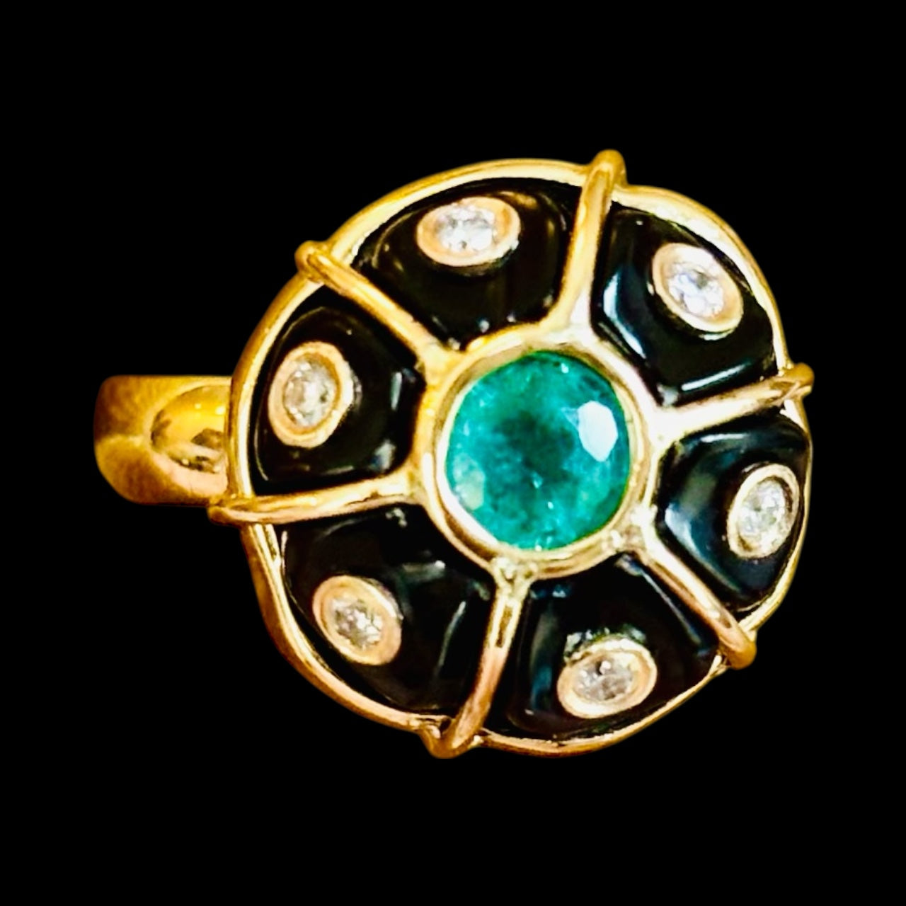 FLORA Ring: Black Onyx, Emerald & Diamonds
