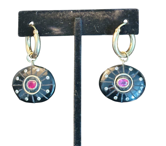 SOL Earrings / black onyx, rubies and diamonds