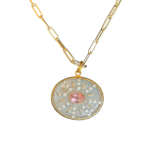 SOL Pendant, moonstone, pink tourmaline & diamonds