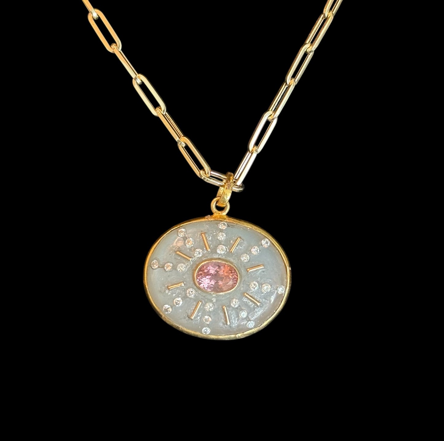 SOL Pendant, moonstone, pink tourmaline & diamonds