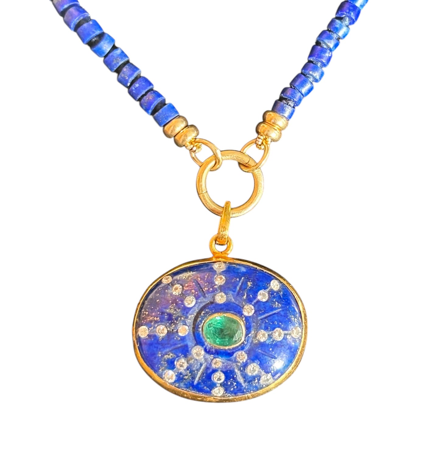 SOL Pendant, lapis, emerald & diamonds