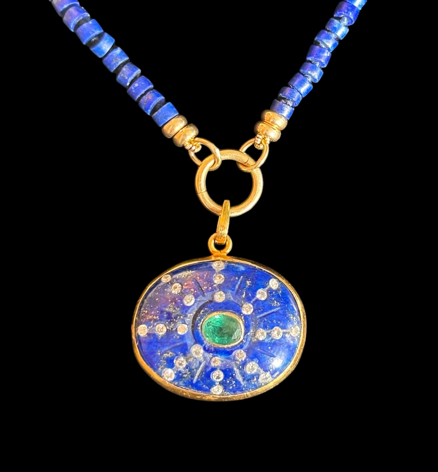 SOL Pendant, lapis, emerald & diamonds