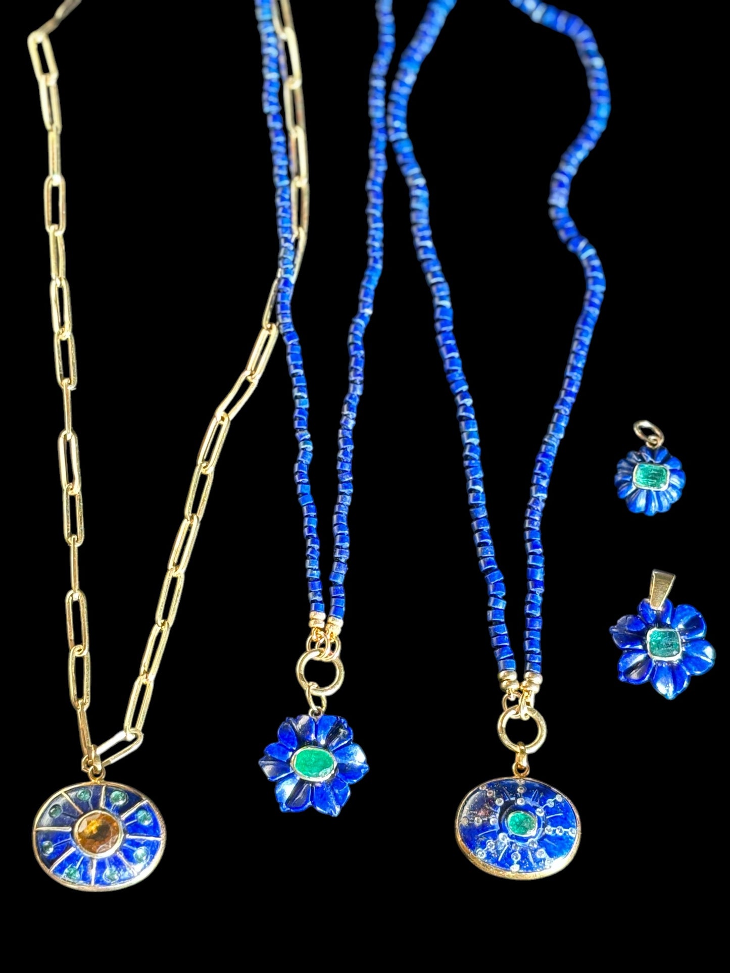 SOL Pendant, lapis, emerald & diamonds