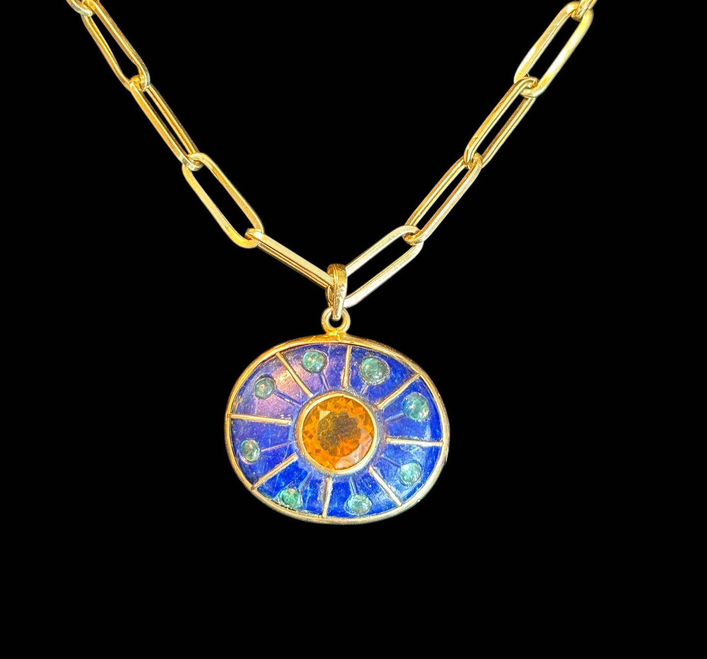 SOL Pendant, lapis, citrine & emeralds