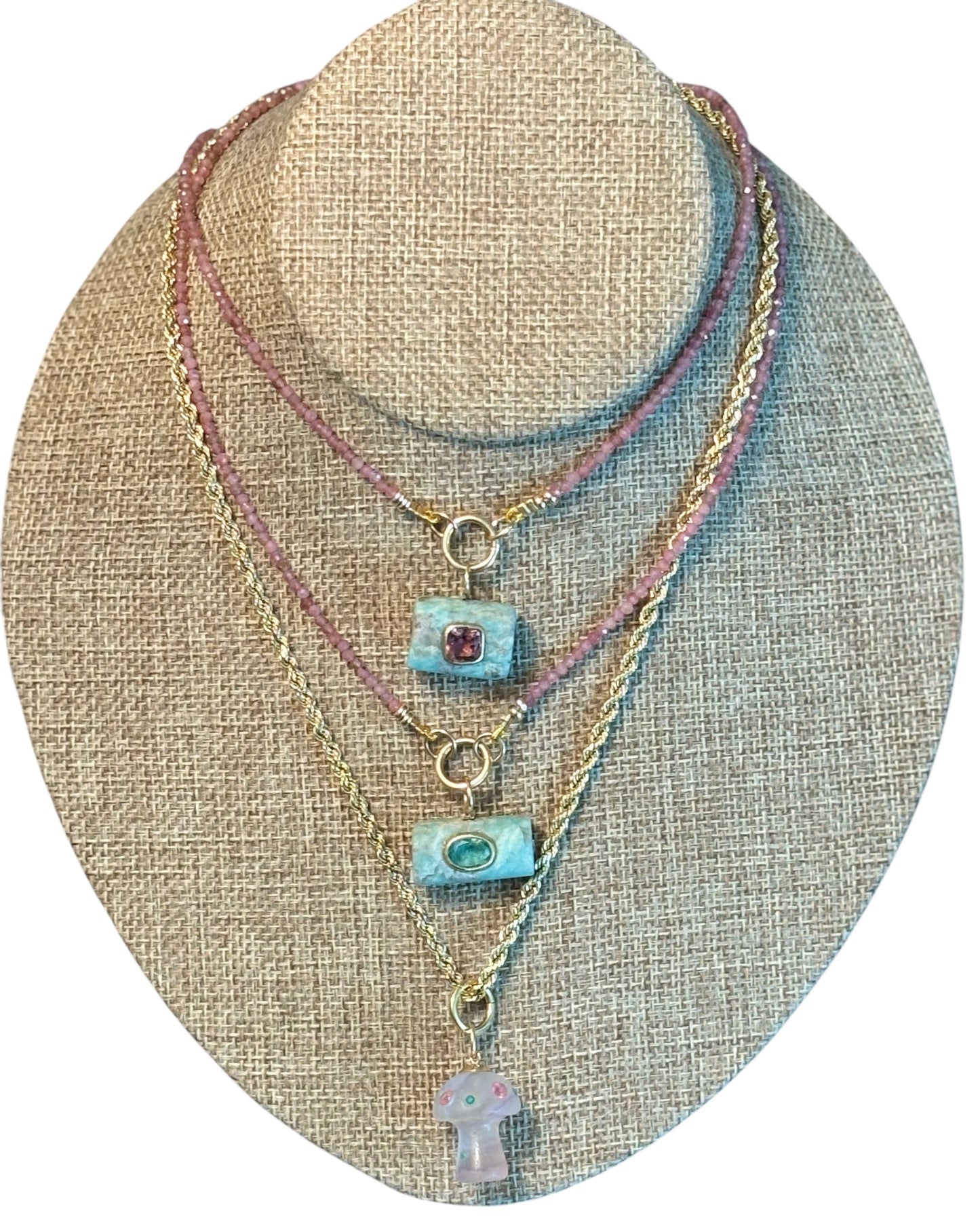 MAGIC MUSHROOM Pendant, fluorite, emeralds and pink tourmaline