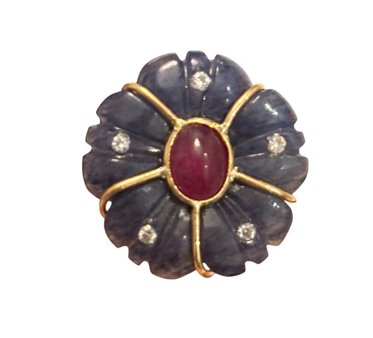 FLORA Ring, blue aventurine, ruby & diamonds