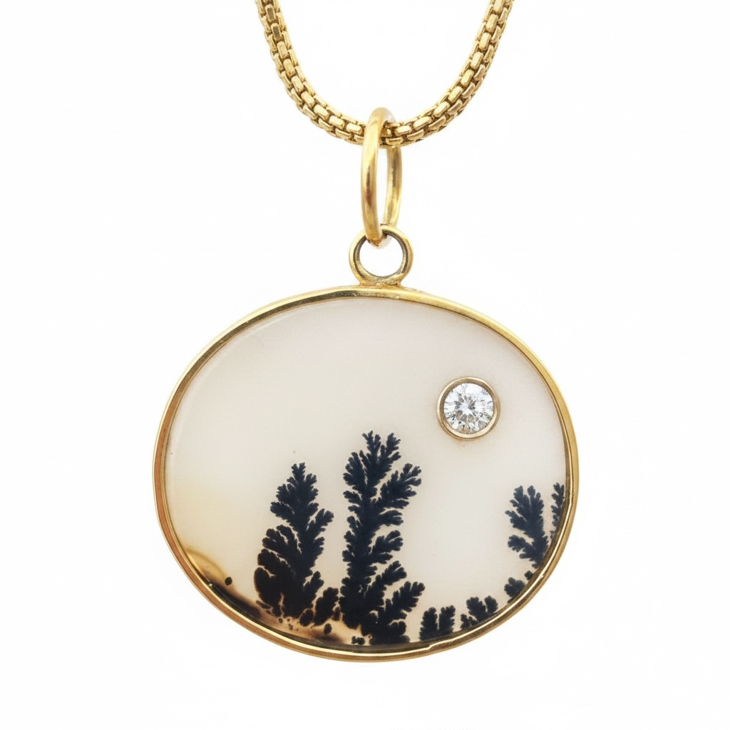 Dendritic Agate Oval Pendant with Diamond & 14k Gold