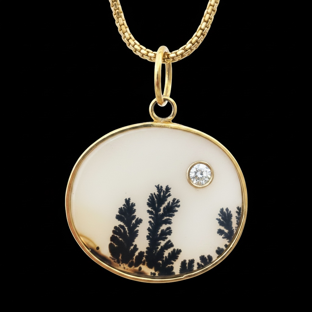 Dendritic Agate Oval Pendant with Diamond & 14k Gold