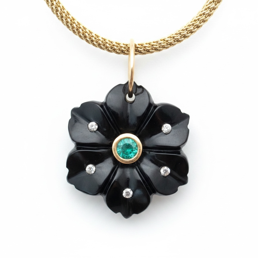 FLORA Pendant, Black Onyx with Emerald, Diamonds & 14k Gold