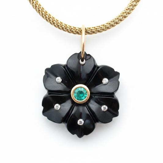 FLORA Pendant, Black Onyx with Emerald, Diamonds & 14k Gold