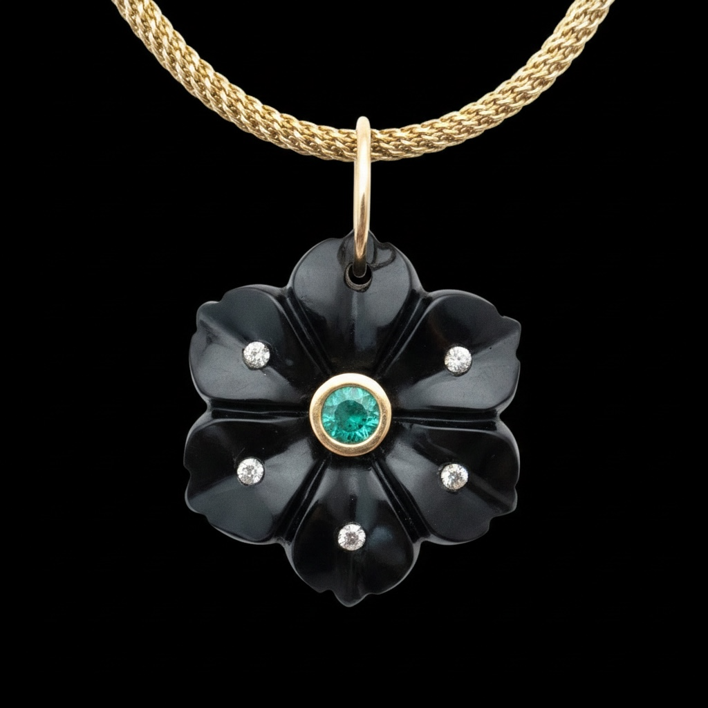 FLORA Pendant, Black Onyx with Emerald, Diamonds & 14k Gold