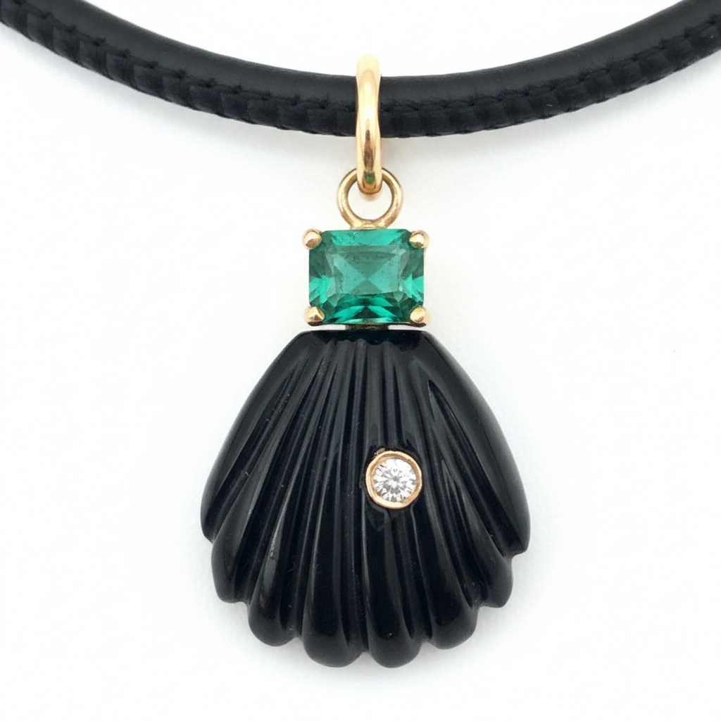 Black Onyx Sea Shell with Diamond, Emerald & 14k Gold