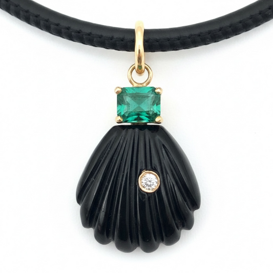 Black Onyx Sea Shell with Diamond, Emerald & 14k Gold