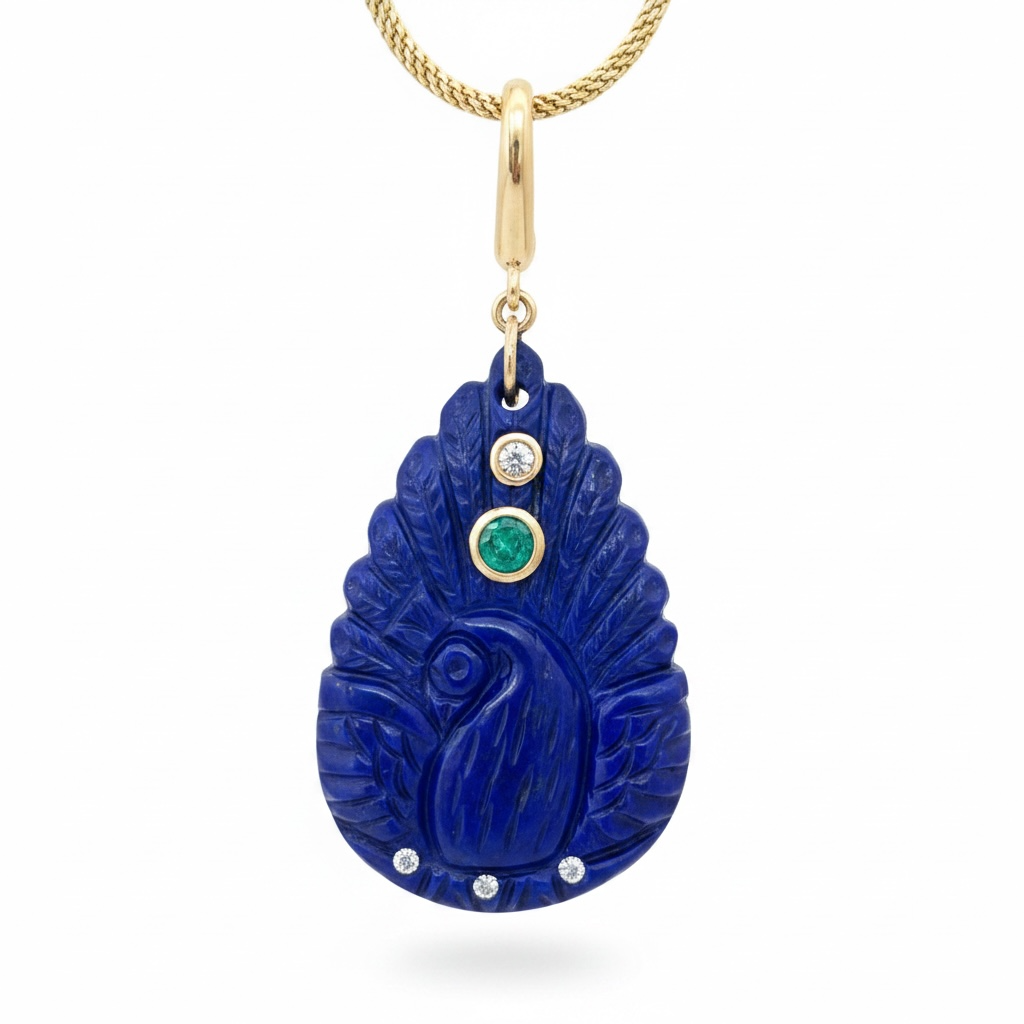 Lapis Peacock Pendant with Emerald, Diamonds & 14k Gold