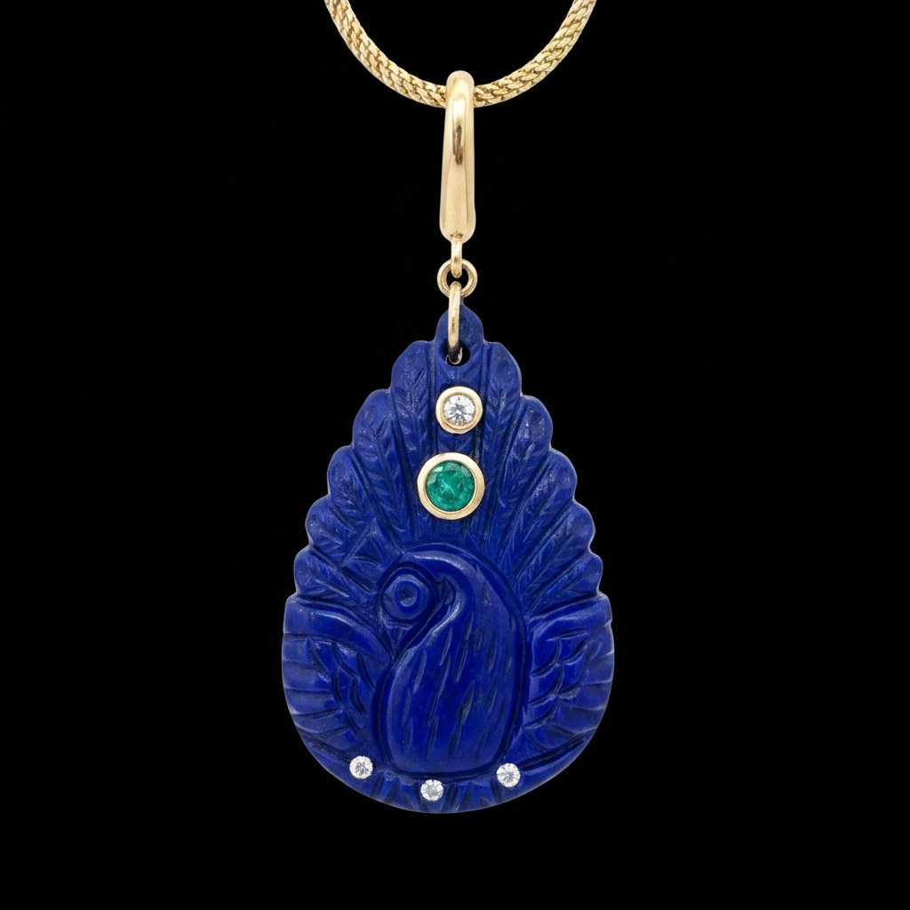 Lapis Peacock Pendant with Emerald, Diamonds & 14k Gold