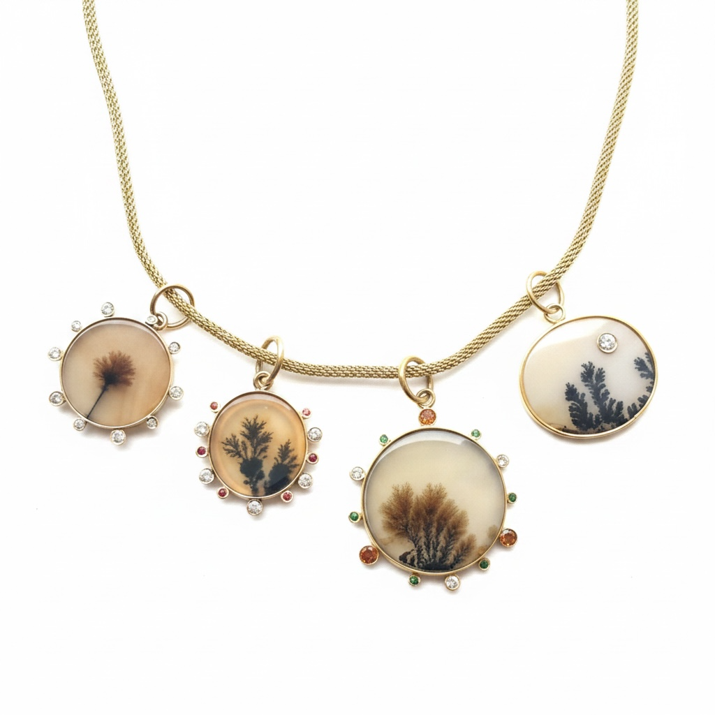Dendritic Agate Oval Pendant with Diamond & 14k Gold