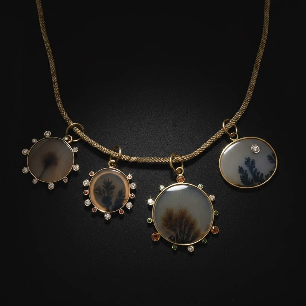Dendritic Agate Oval Pendant with Diamond & 14k Gold