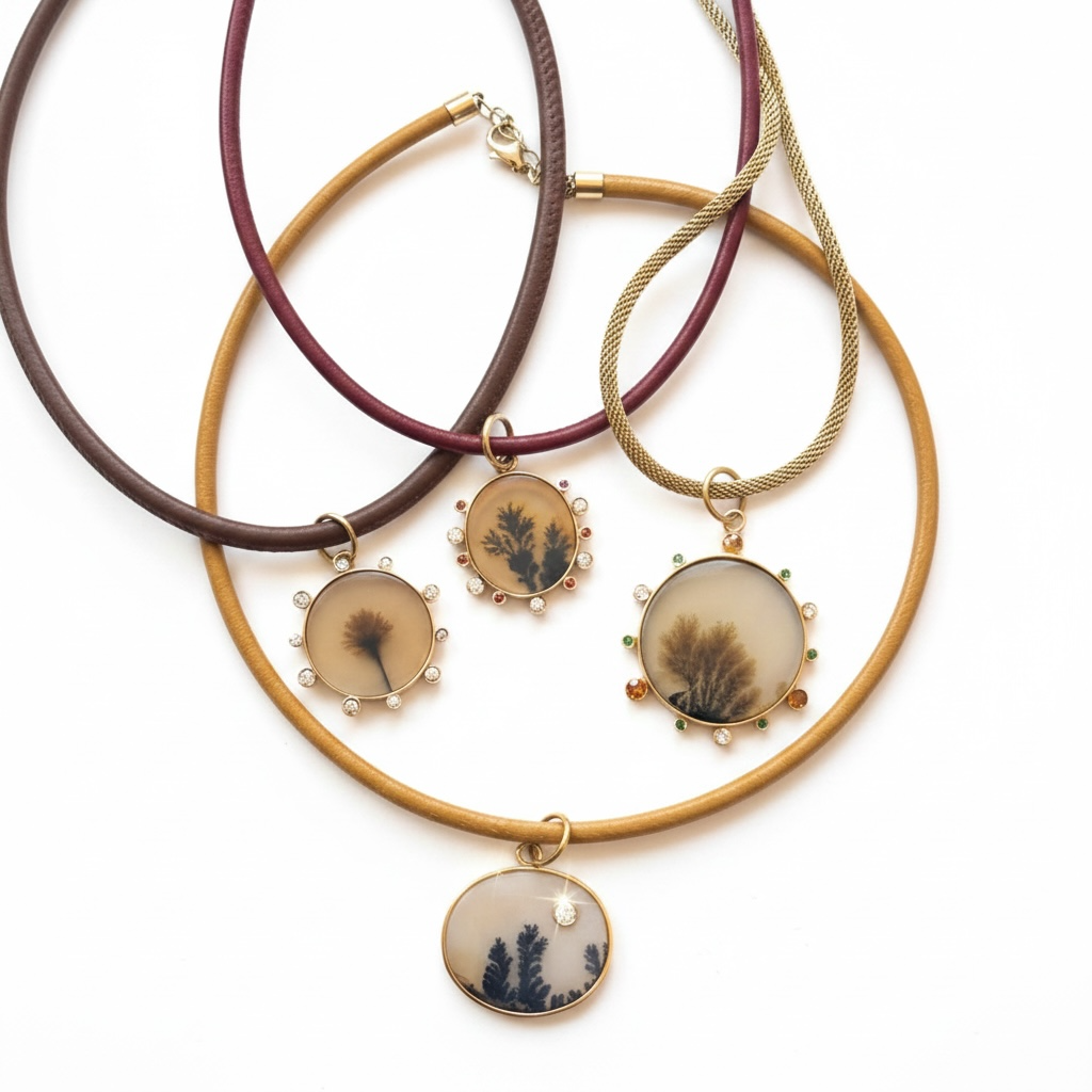 Dendritic Agate Oval Pendant with Diamond & 14k Gold