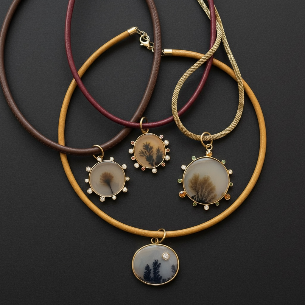 Dendritic Agate Oval Pendant with Diamond & 14k Gold