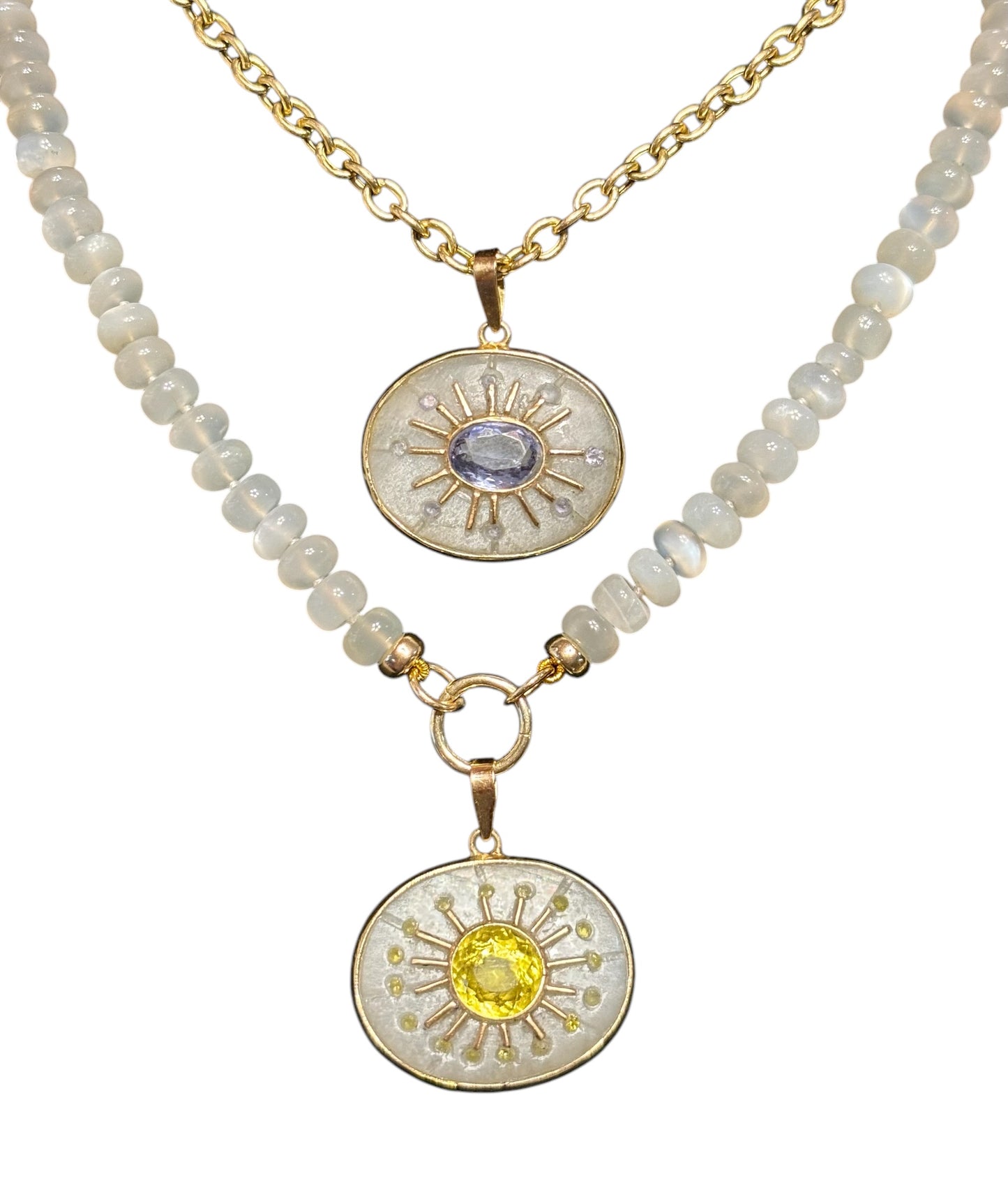 Moonstone & Gold Bead Necklace with charm enhancer