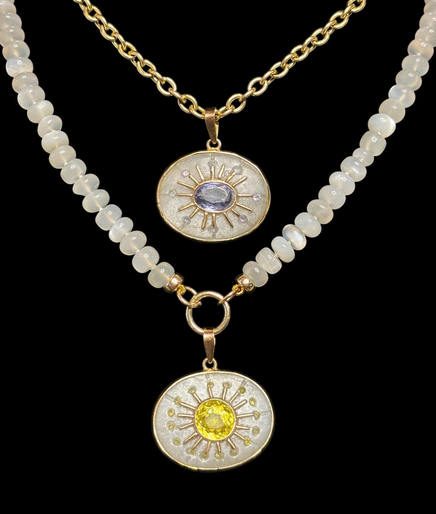 SOL Pendant, moonstone & yellow sapphires