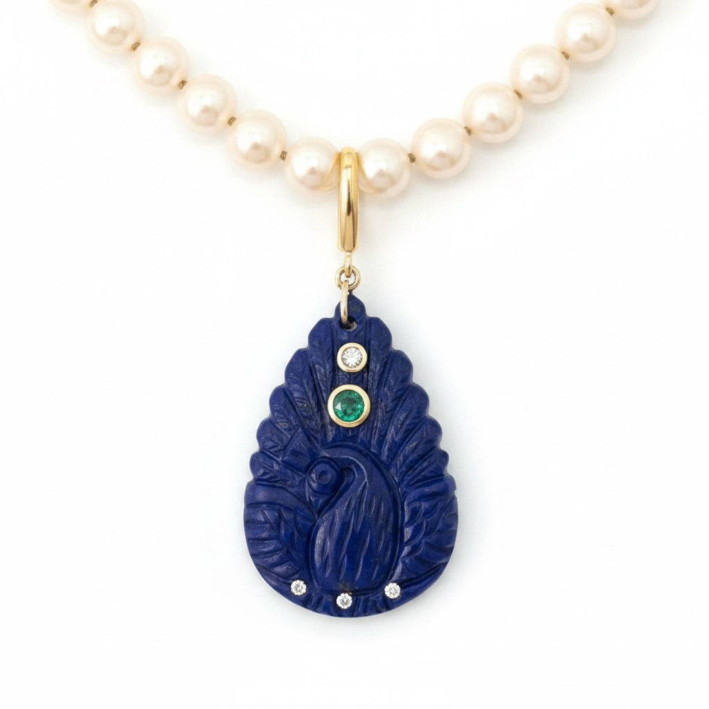 Lapis Peacock Pendant with Emerald, Diamonds & 14k Gold