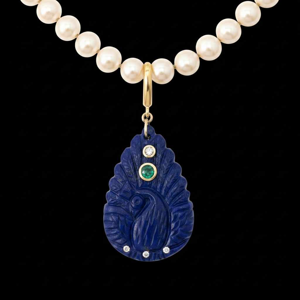 Lapis Peacock Pendant with Emerald, Diamonds & 14k Gold