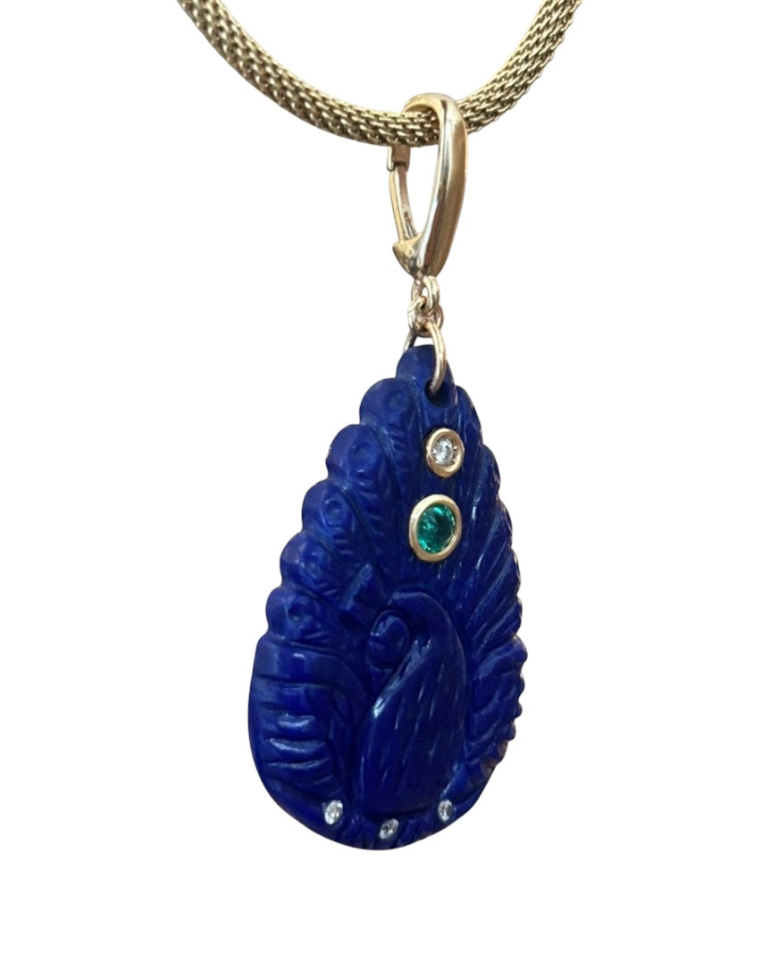 Lapis Peacock Pendant with Emerald, Diamonds & 14k Gold