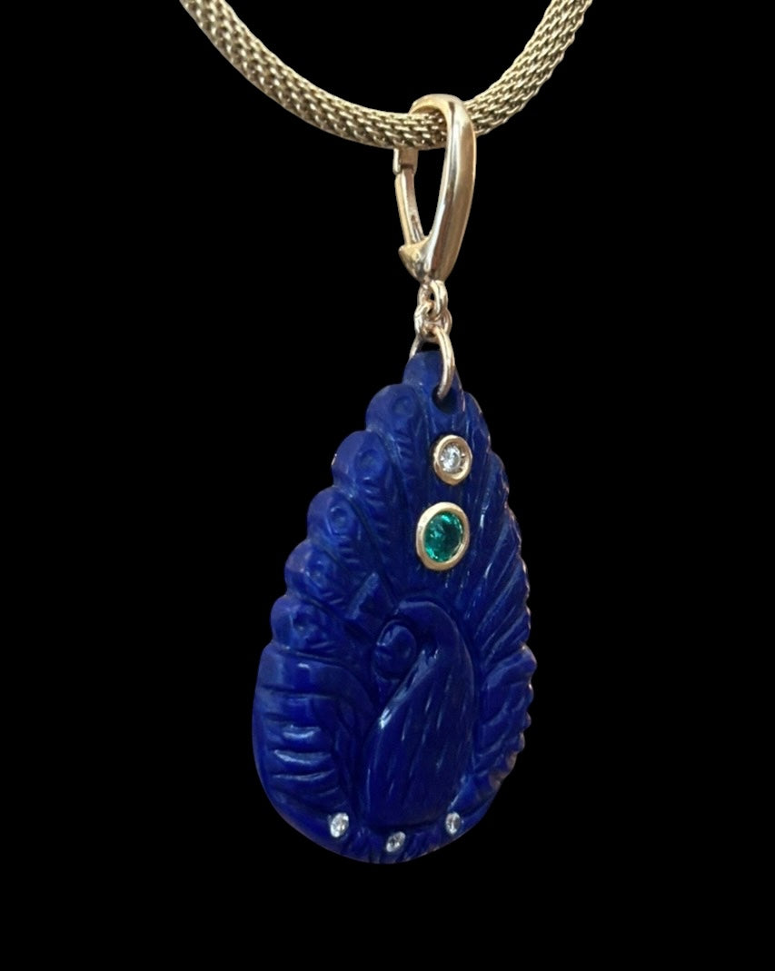 Lapis Peacock Pendant with Emerald, Diamonds & 14k Gold