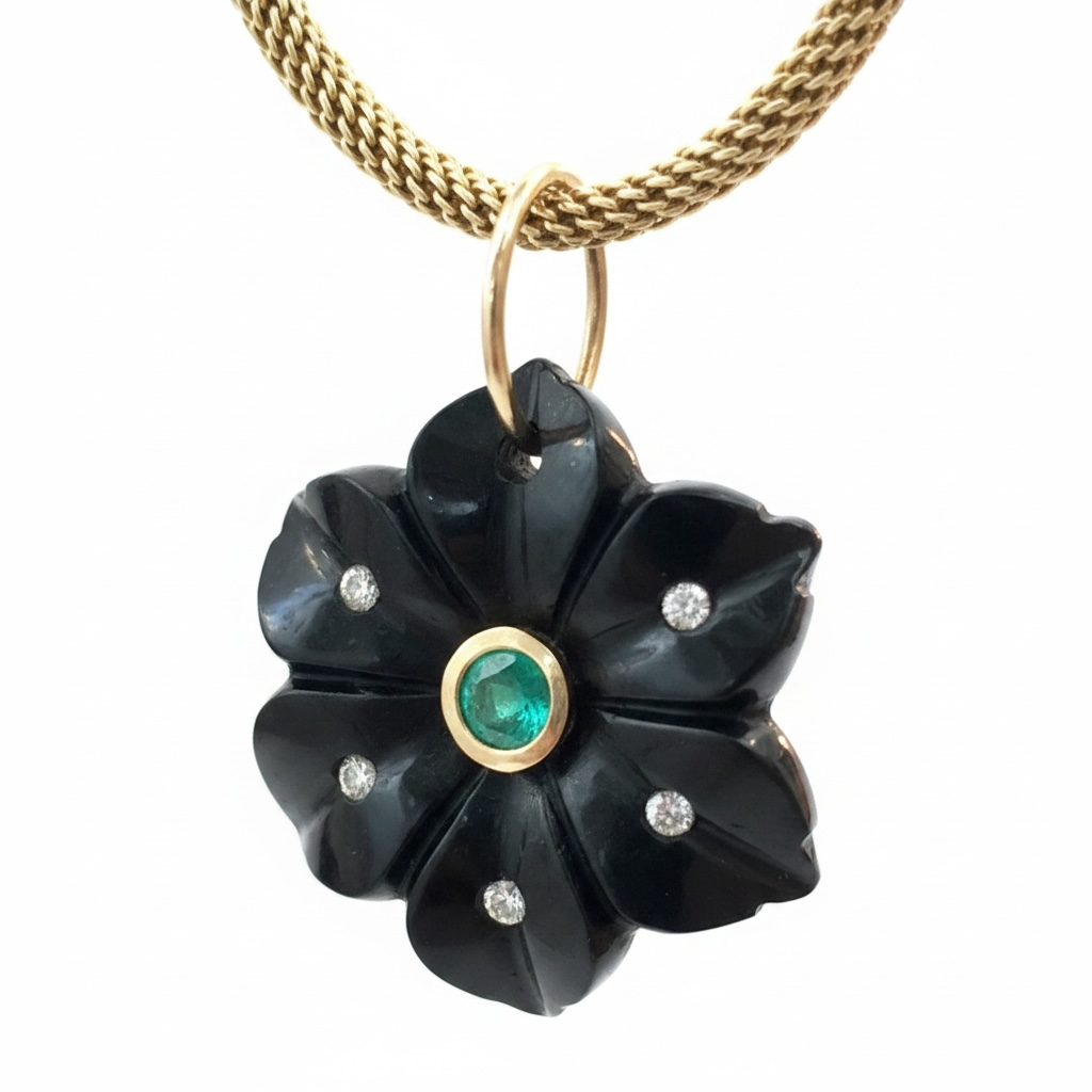 FLORA Pendant, Black Onyx with Emerald, Diamonds & 14k Gold