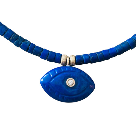 Lapis Evil EyeS Necklace with Diamonds & Emeralds