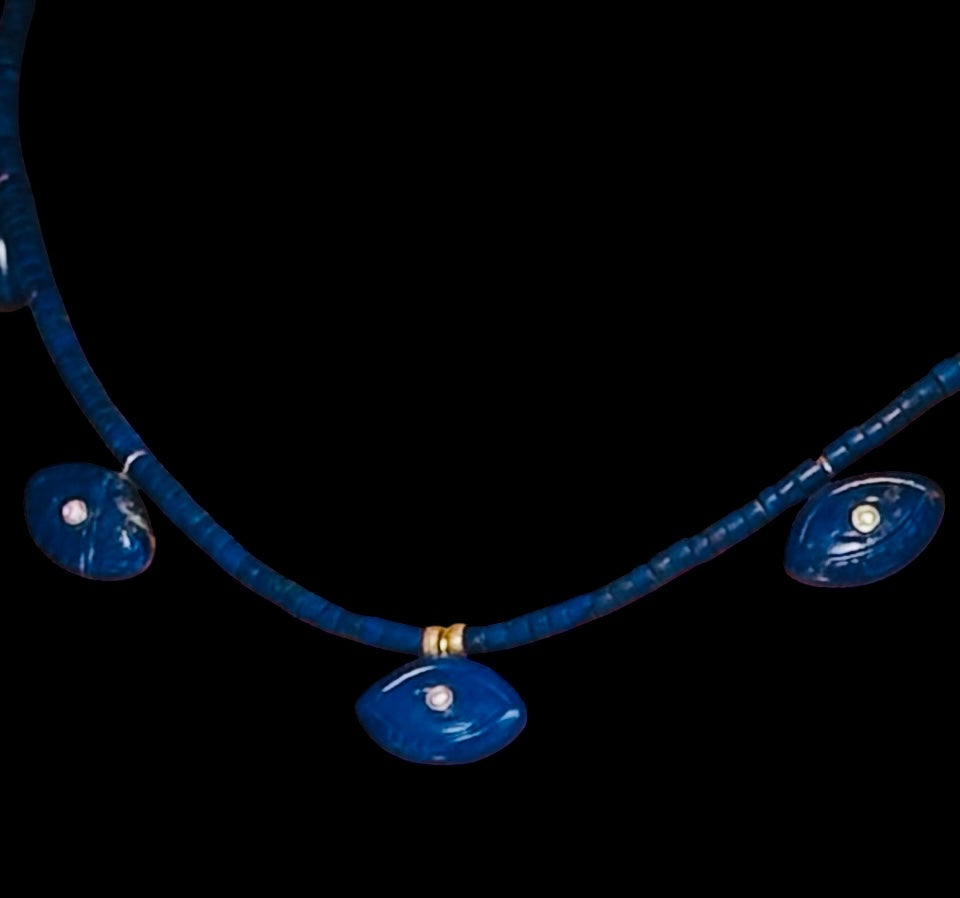 Lapis Evil EyeS Necklace with Diamonds & Emeralds