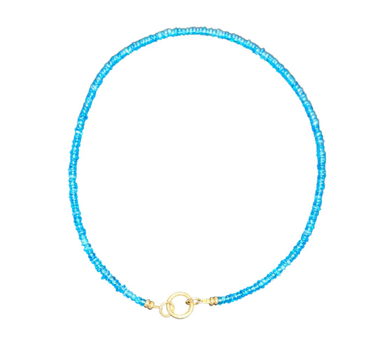 Blue Apatite and Gold Bead Necklace with Charm Enhancer