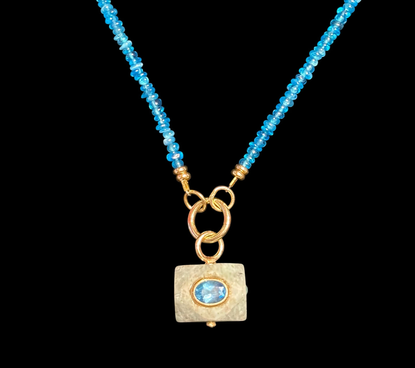 Blue Apatite and Gold Bead Necklace with Charm Enhancer