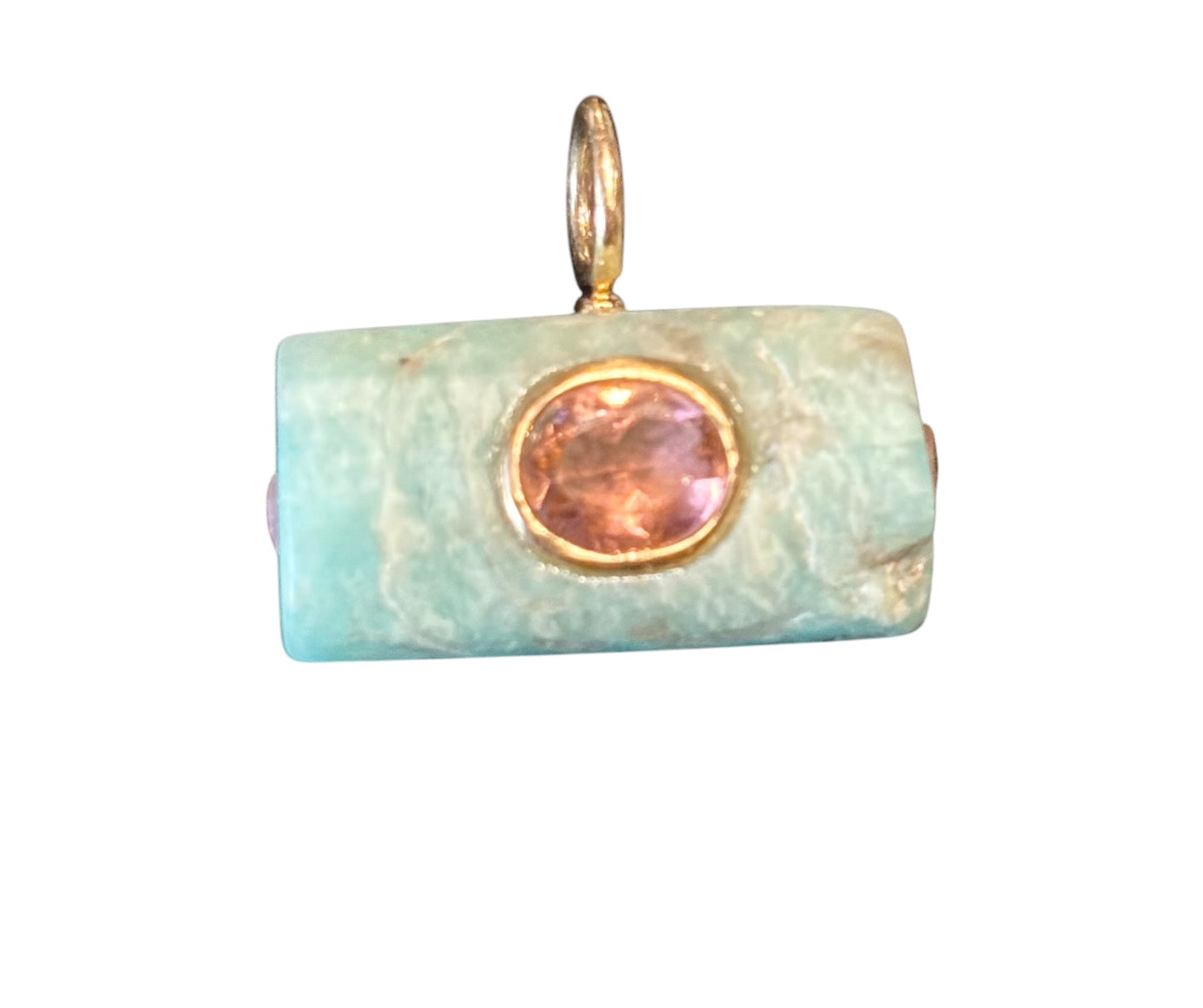 Ancient Amazonite Pendant, pink tourmaline & emerald