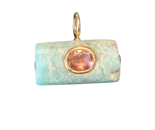 Ancient Amazonite Pendant, pink tourmaline & emerald