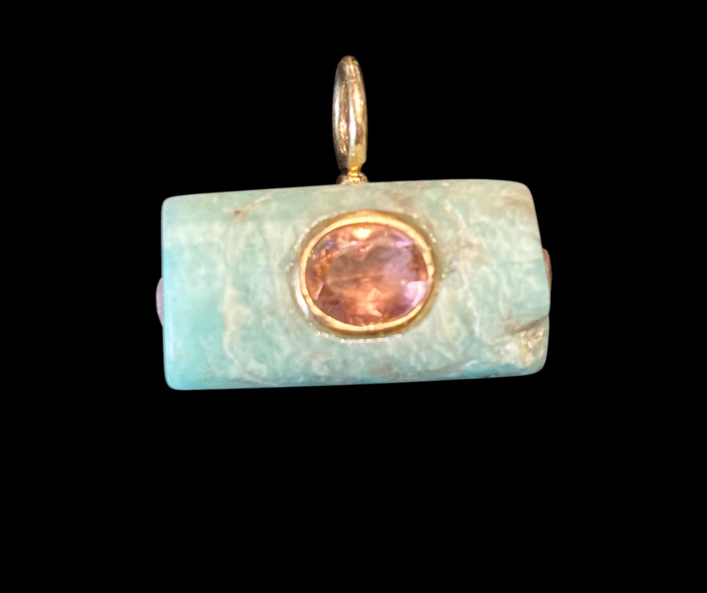 Ancient Amazonite Pendant, pink tourmaline & emerald