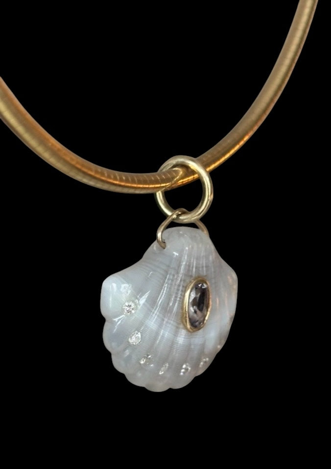 Laguna Agate Shell Pendant with Spinel and Diamonds