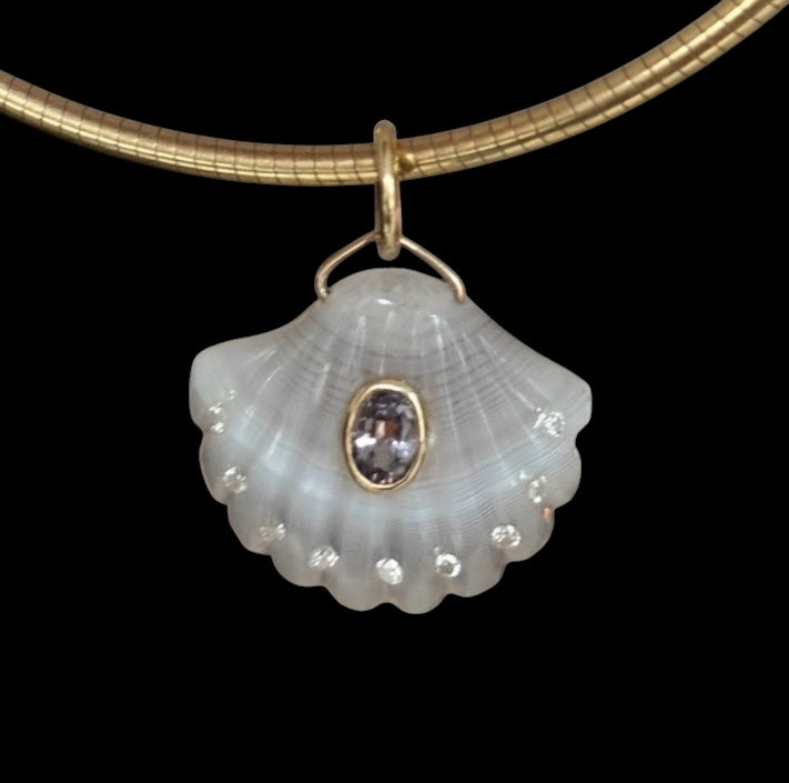 Laguna Agate Shell Pendant with Spinel and Diamonds